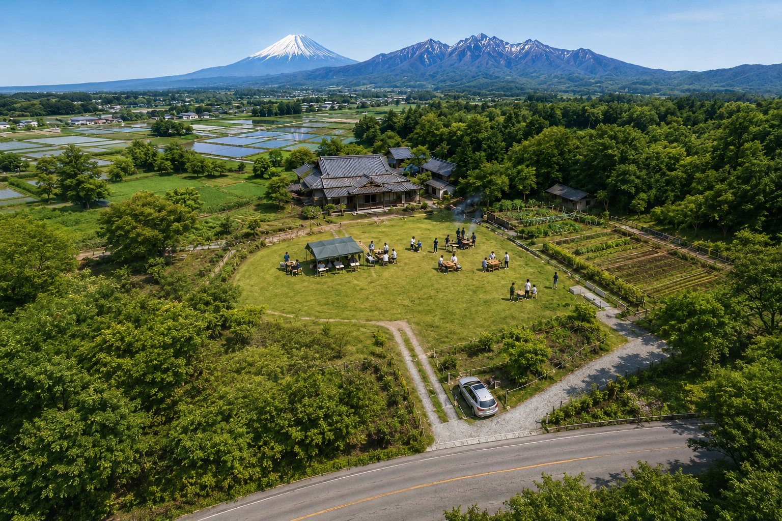 北杜フィールドの敷地全景。正面に富士山、右奥に八ヶ岳連峰。中央に古民家と芝生の多目的広場、右手に農業ゾーン、手前に駐車スペースと道路。
